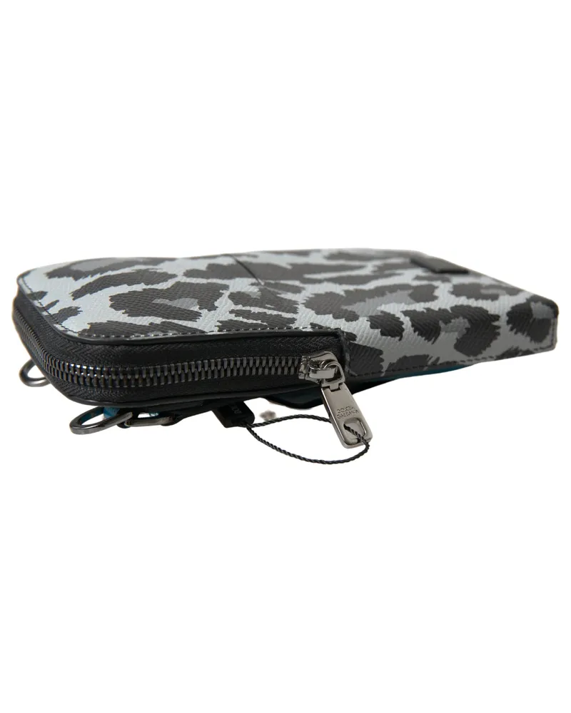 Dolce & Gabbana Gray Leopard Leather Men Purse Crossbody Sling Phone Bag Patterned Gray