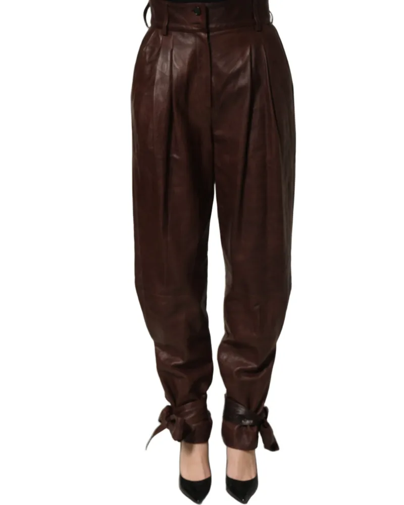 Dolce & Gabbana Women Brown Leather High Waist Tapered Leg Pants Lamb Brown