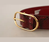 Snake Leather Gold Oval Buckle Belt — Red