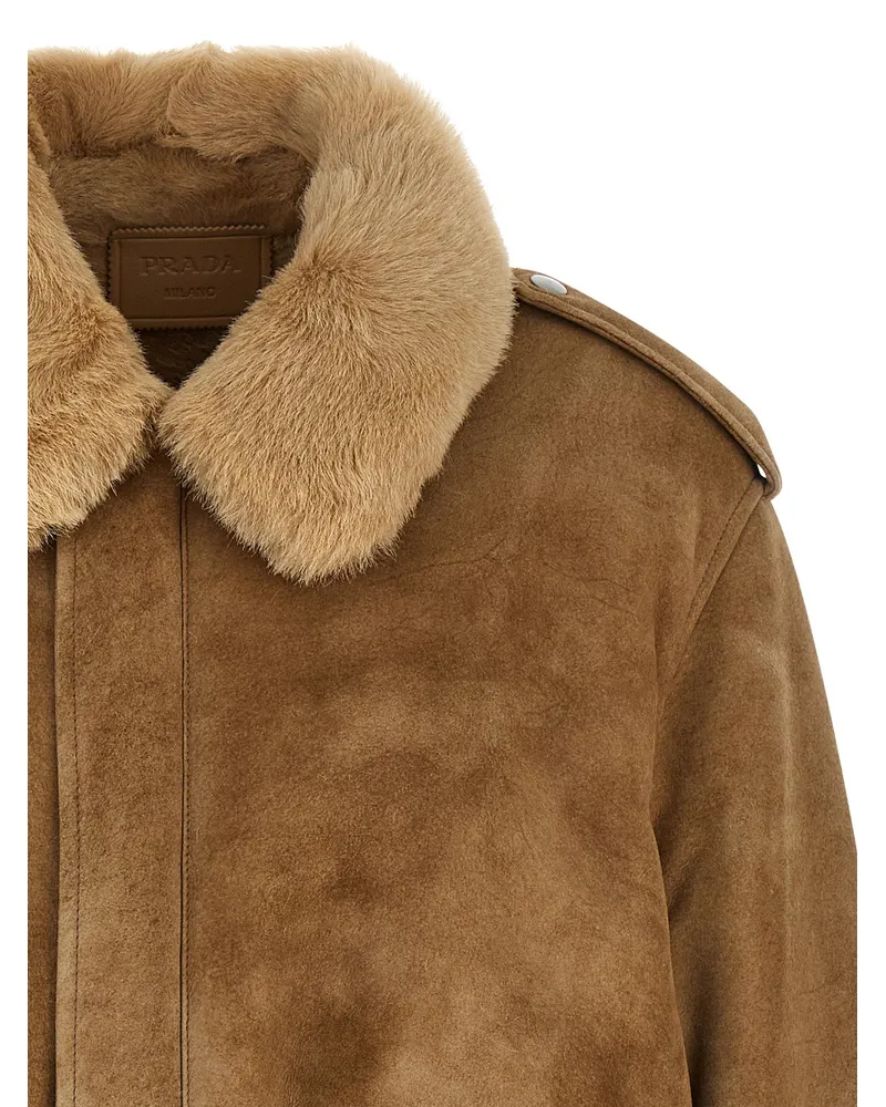 Prada Sheepskin with Shearling Lining Bomber Jacket — Camel Camel