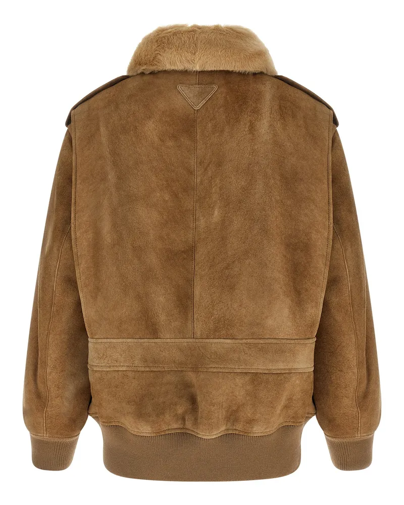Prada Sheepskin with Shearling Lining Bomber Jacket — Camel Camel