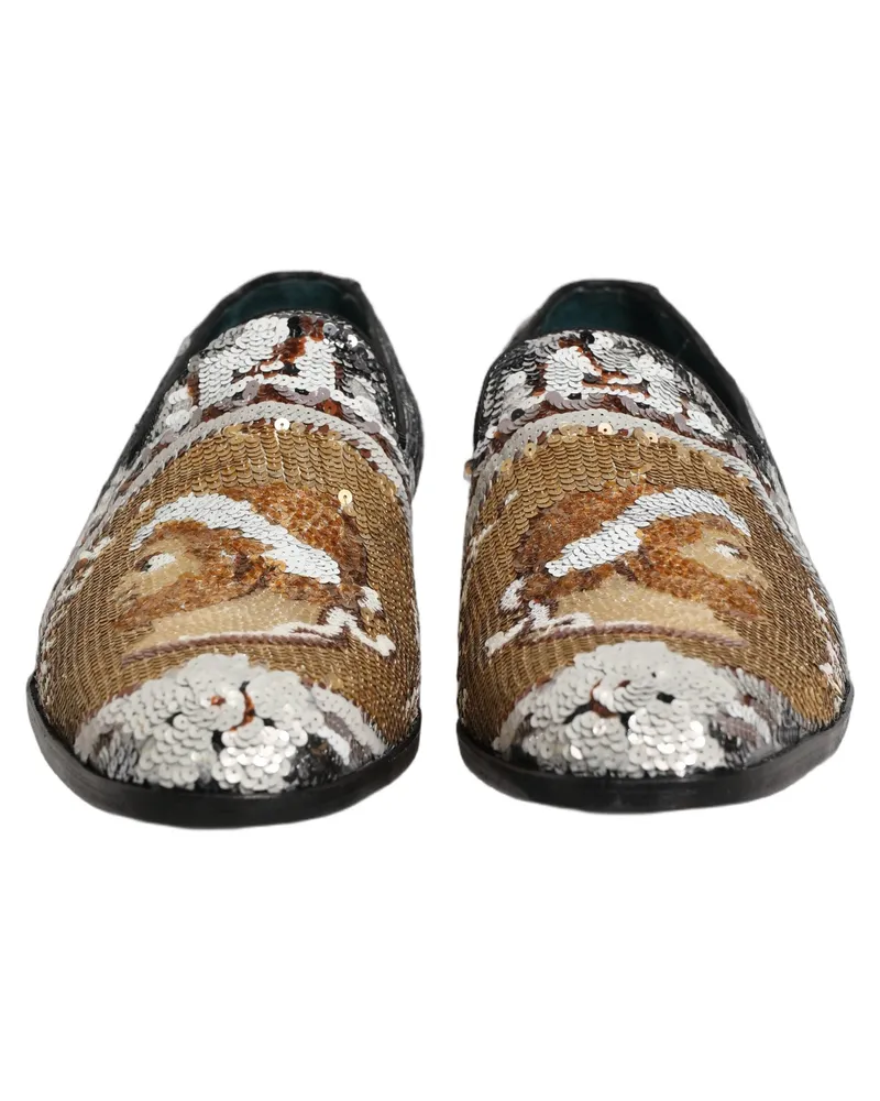 Dolce & Gabbana Men's White Gold Sequined Slip On Loafers Shoes Leather Gold