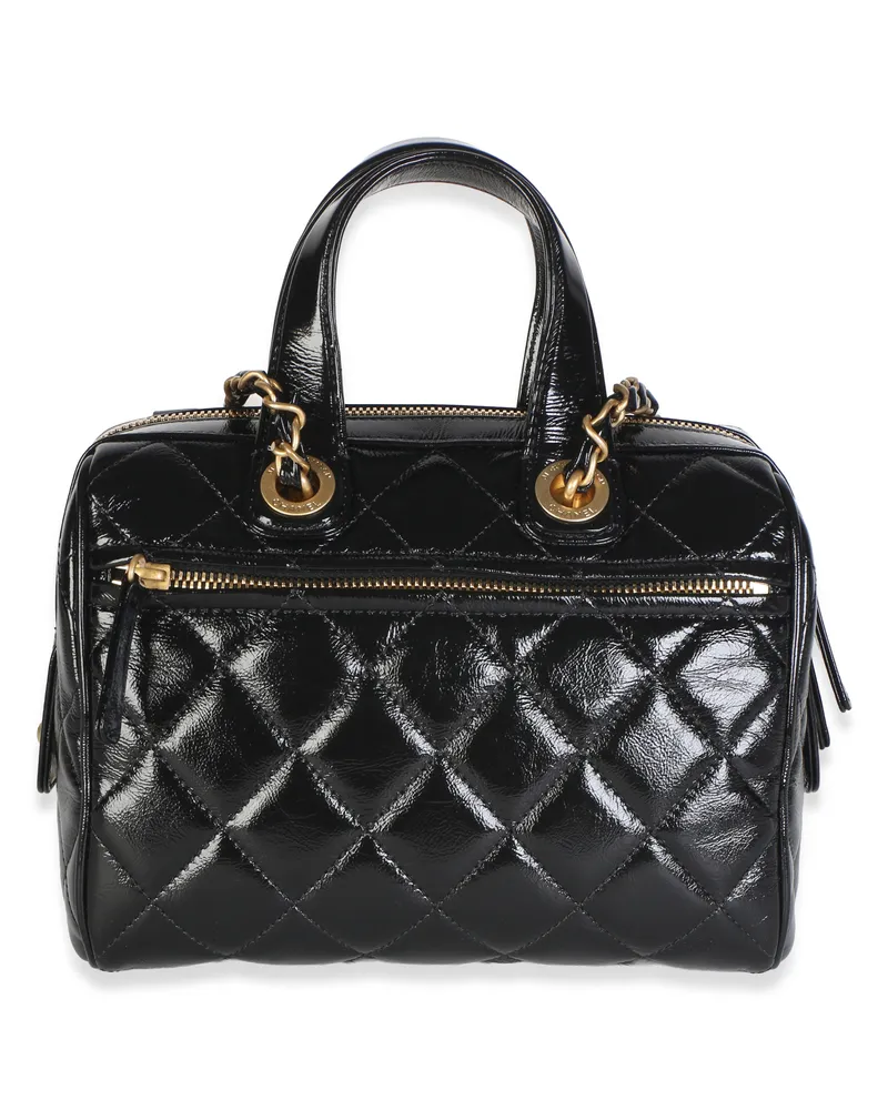 Chanel 25a Black Shiny Crumpled Quilted Patent Bowling Bag Leather Black