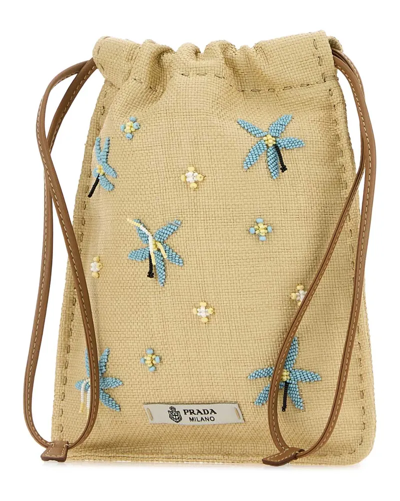 Prada Women's Beige Canvas Phone Holder Naturale+azzurro Cover Accessory Beige