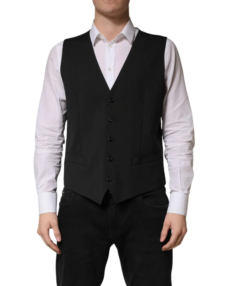 Dolce & Gabbana Black Wool Dress Men Formal Waistcoat Vest Virgin Black