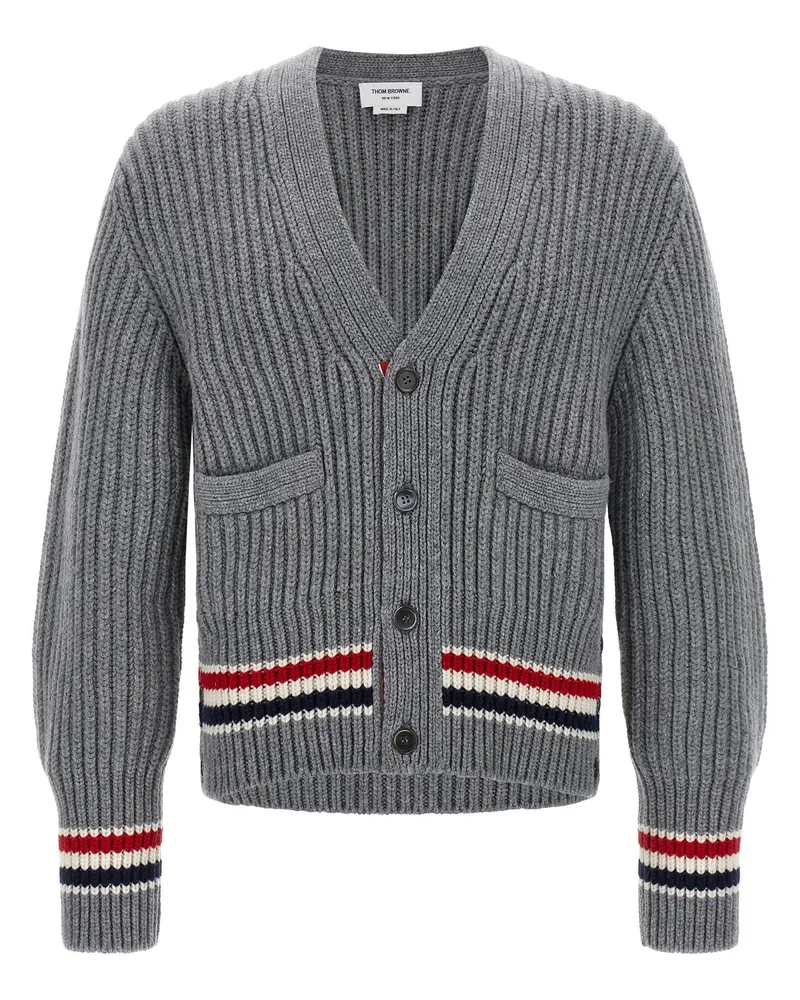 Thom Browne Ribbed Cashmere with RWB Stripe Cardigan — Grey Grey