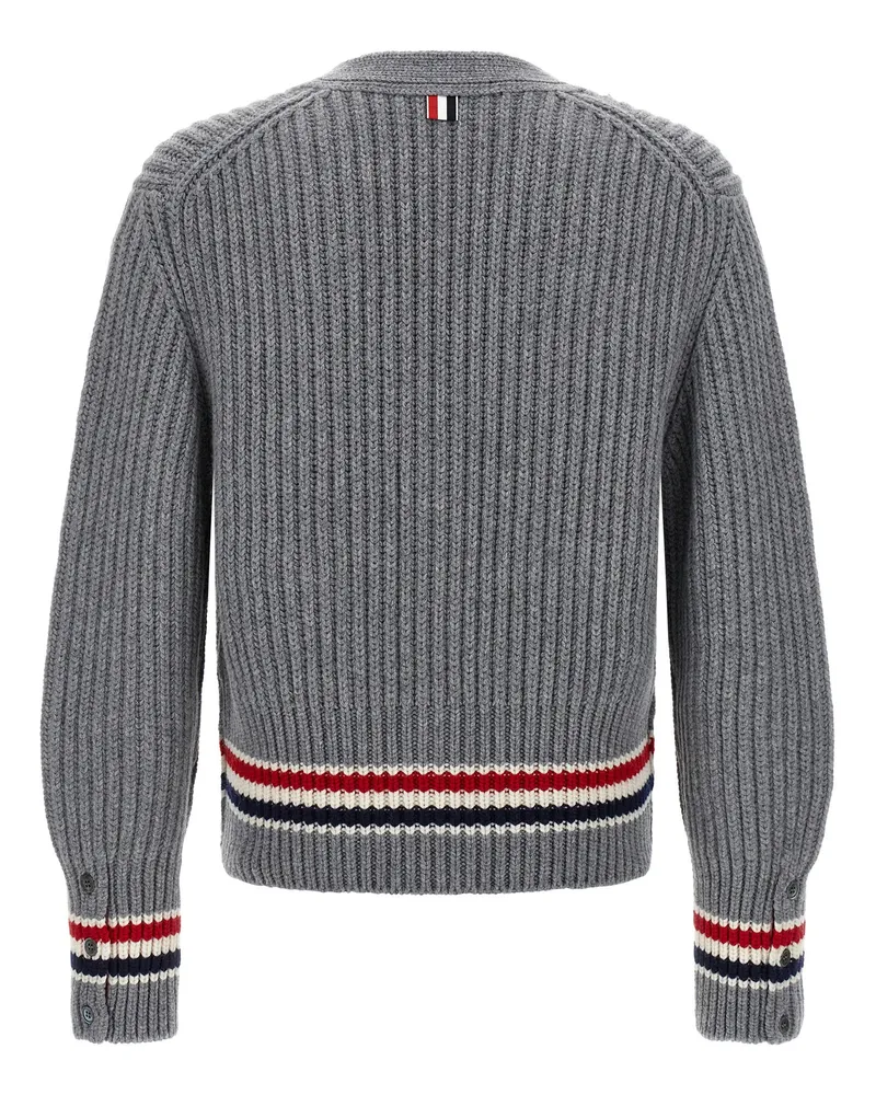 Thom Browne Ribbed Cashmere with RWB Stripe Cardigan — Grey Grey