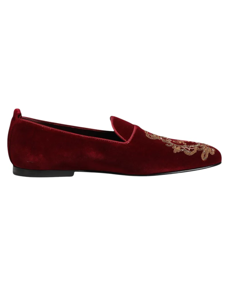 Dolce & Gabbana Red Velvet Gold Crown Mens Loafers Shoes Red