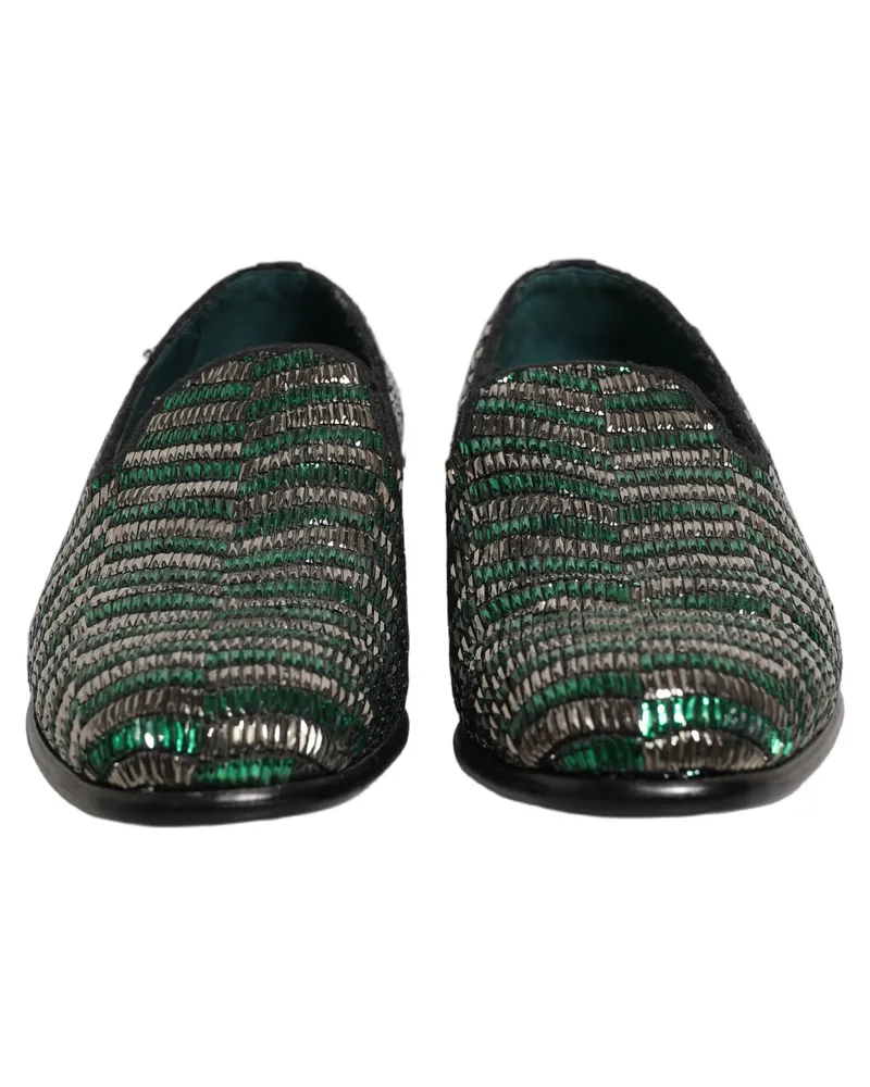 Dolce & Gabbana Men's Silver Green Embellished Dress Loafers Shoes Leather Black