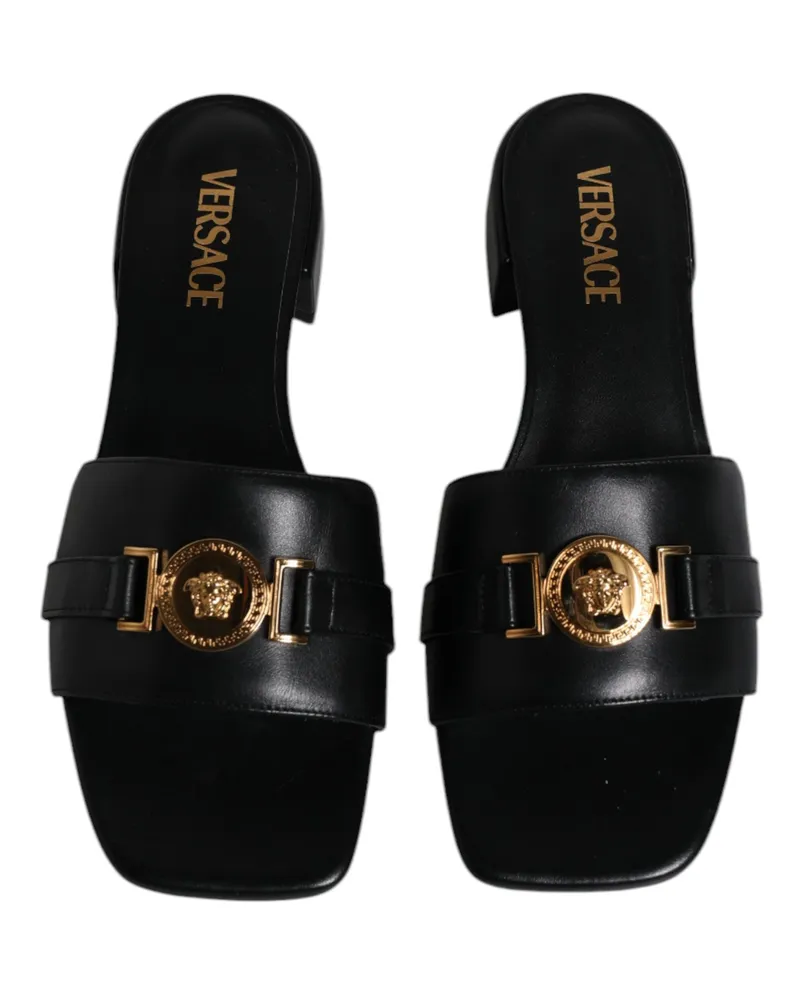 Versace Women's Logo Plaque Leather Slide Black Black
