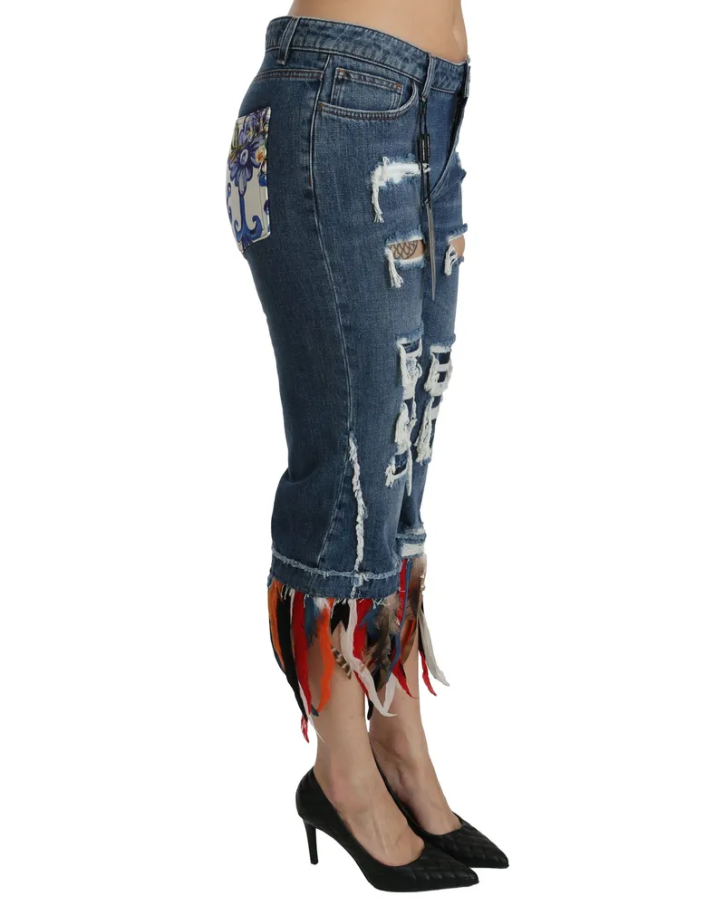 Dolce & Gabbana Women's Blue Feathers Low Waist Cropped Cotton Jeans Silk Elastane Clothing Blue