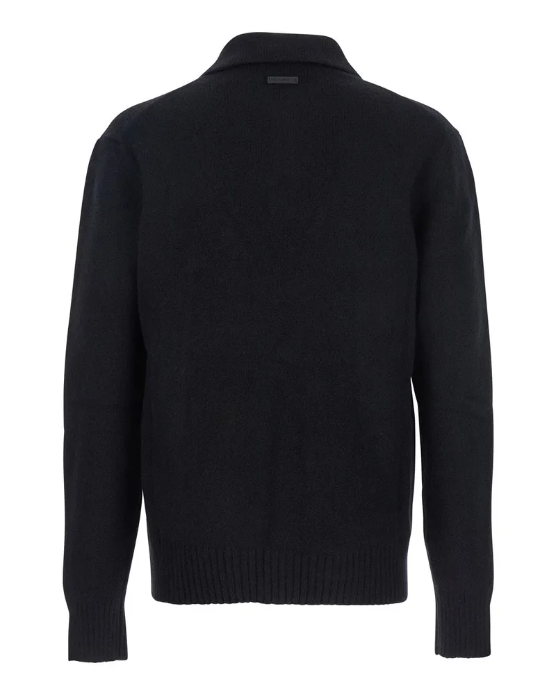 Dolce & Gabbana Men's Black Wool Polo Collar Sweater With Logo Patch Polyamide Top Black