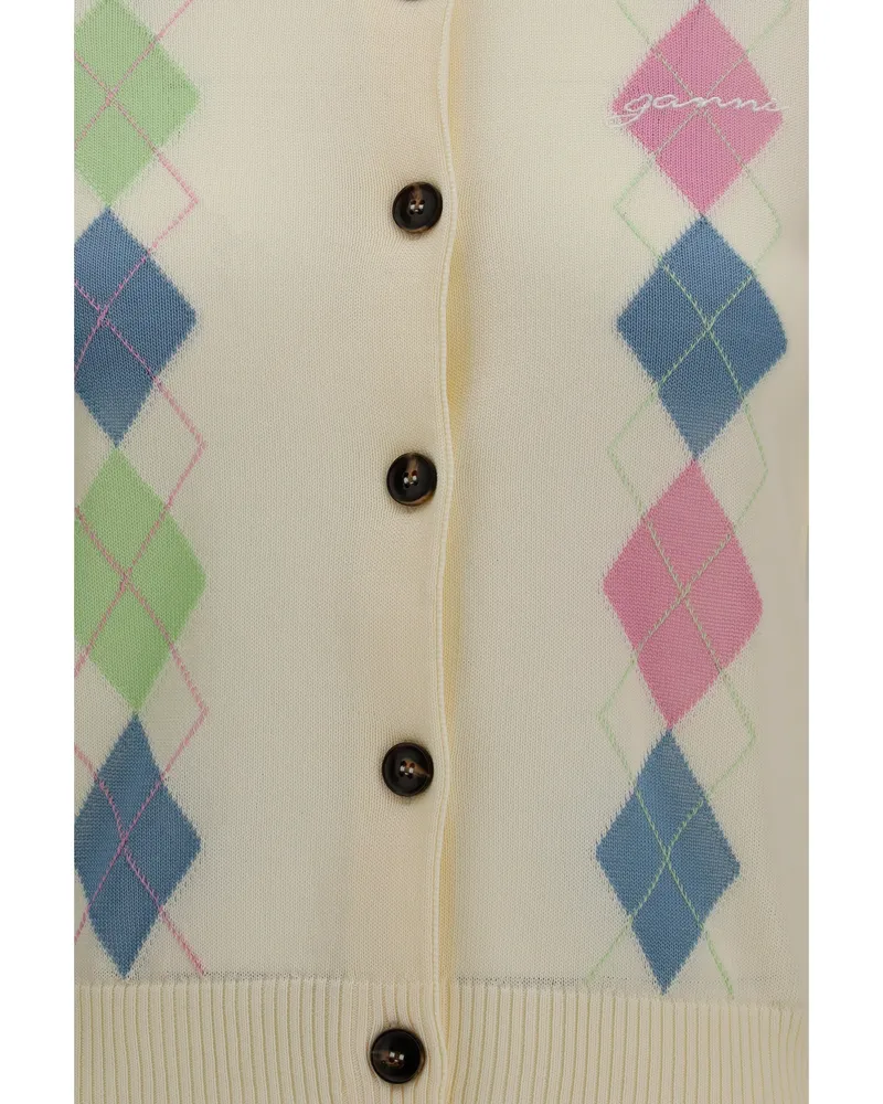 Ganni Women's Cardigan Diamond-Pattern Egret Cotton Sweater Beige