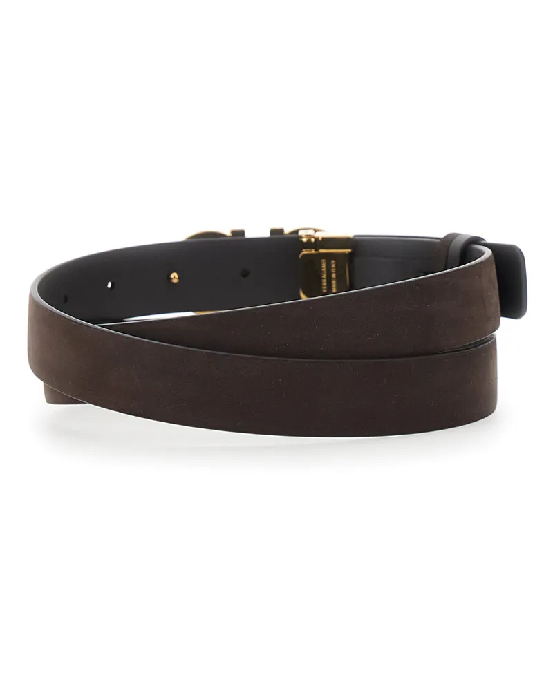 Ferragamo Women's Belt With Gancini Buckle Dark Brown Suede Calf Leather Brown