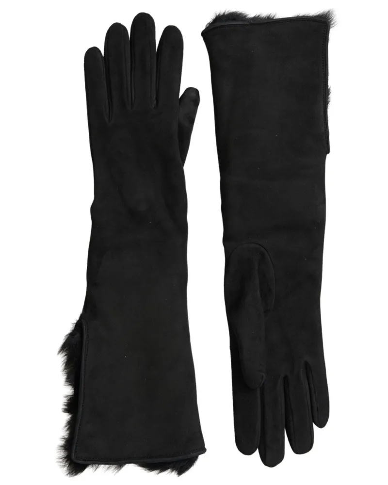 Dolce & Gabbana Men Black Leather Fur Elbow Length Gloves Goatskin Black