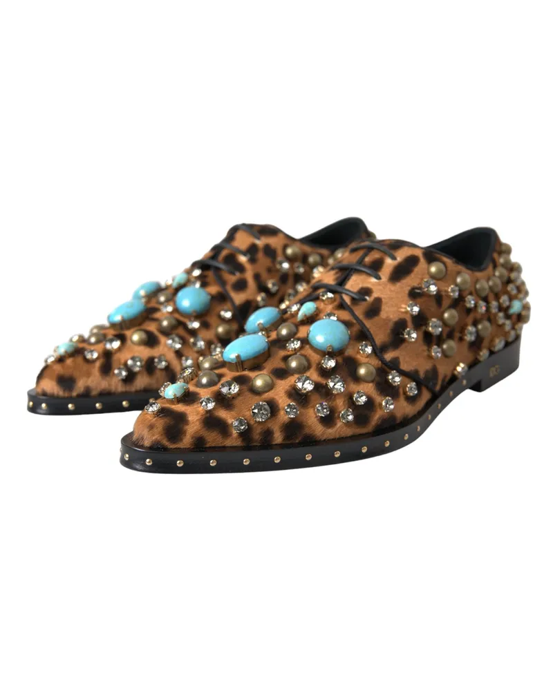 Dolce & Gabbana Women's Brown Leopard Hair Crystal Dress Broque Shoes Black And Calf Fur Polyester Viscose Brown