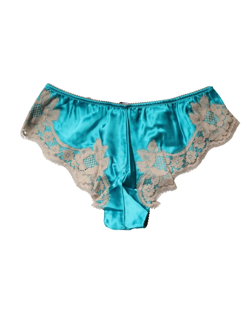 Dolce & Gabbana Women Blue Silk Satin Floral Lace Panty Brief Underwear Elastane Cotton Clothing Blue