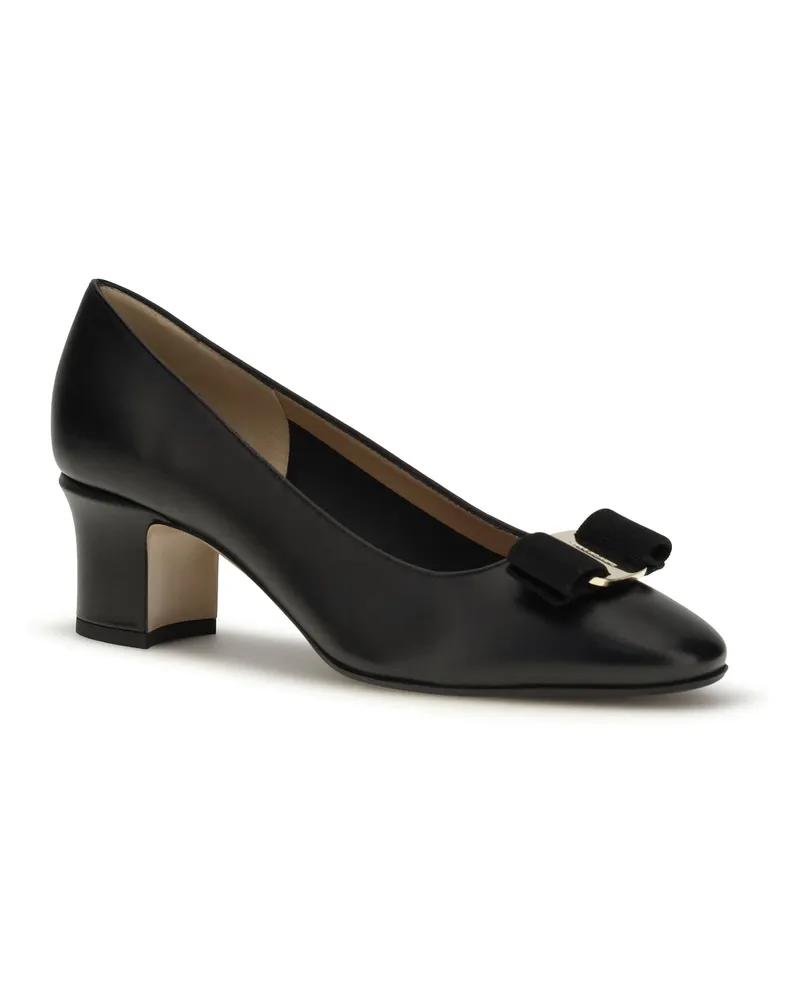 Ferragamo Women's Vera Pumps With Bow Capri Nero Calf Leather Bos Taurus High Heel Shoes Black