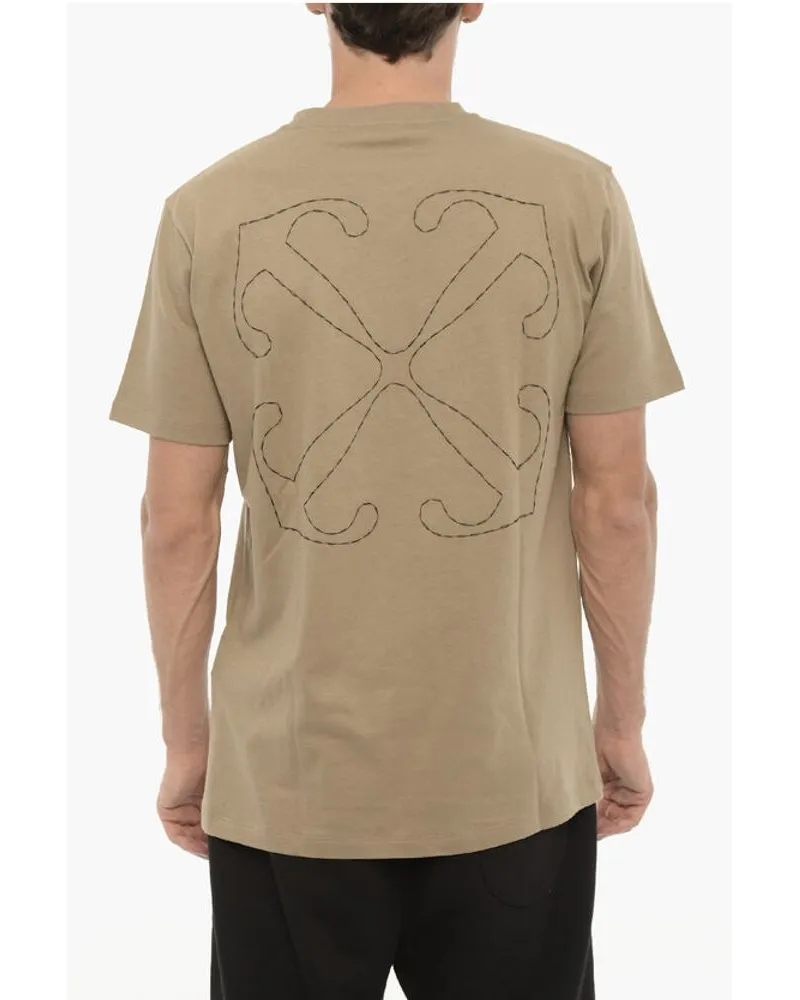 OFF-WHITE Men's Slim Fit Crew-Neck T-Shirt With Embroidered Logo Beige Beige