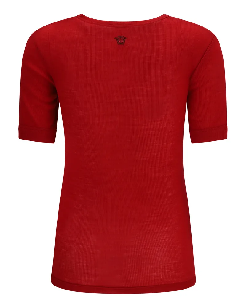 Versace Women's Ribbed Knit T-Shirt Lipstick Red Fleece Wool Ovis Aries T-Shirts And Polos Red