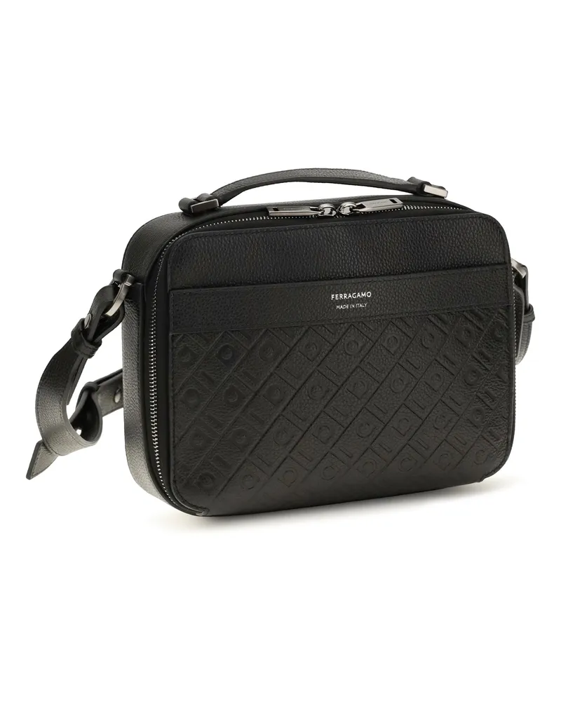 Ferragamo Men's Leather Crossbody Bag With Embossed Gancini Pattern Black Calf Bos Taurus Shoulder Black