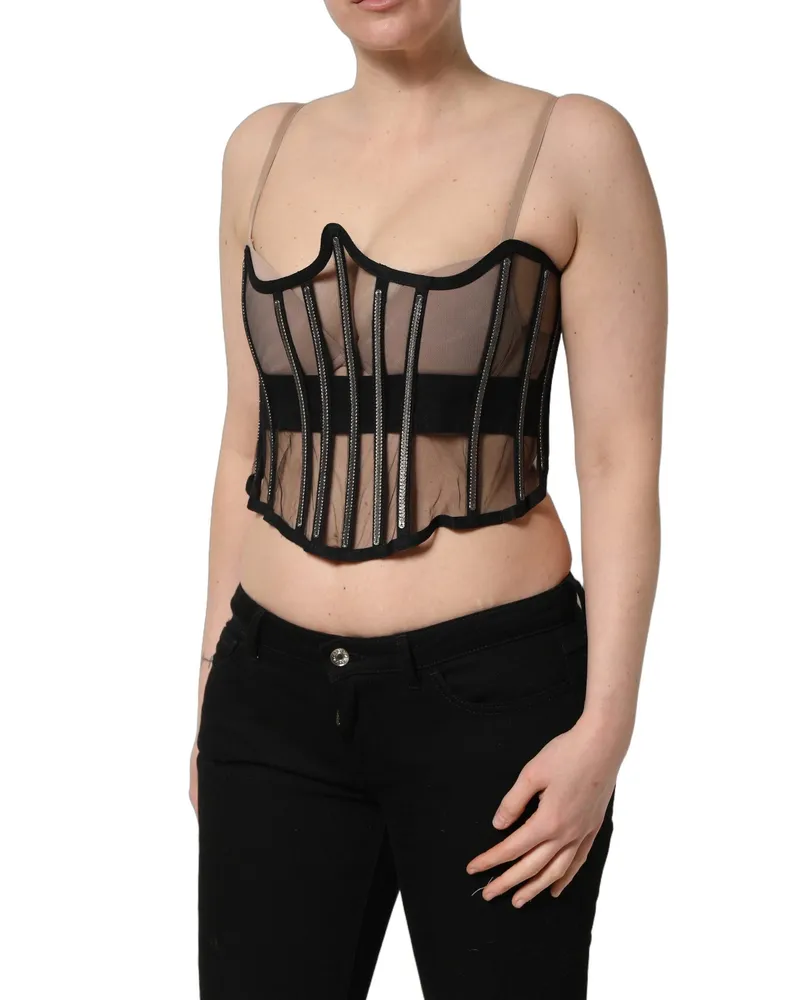 Dolce & Gabbana Sheer Tulle Boned Corset Bodysuit — Black Black