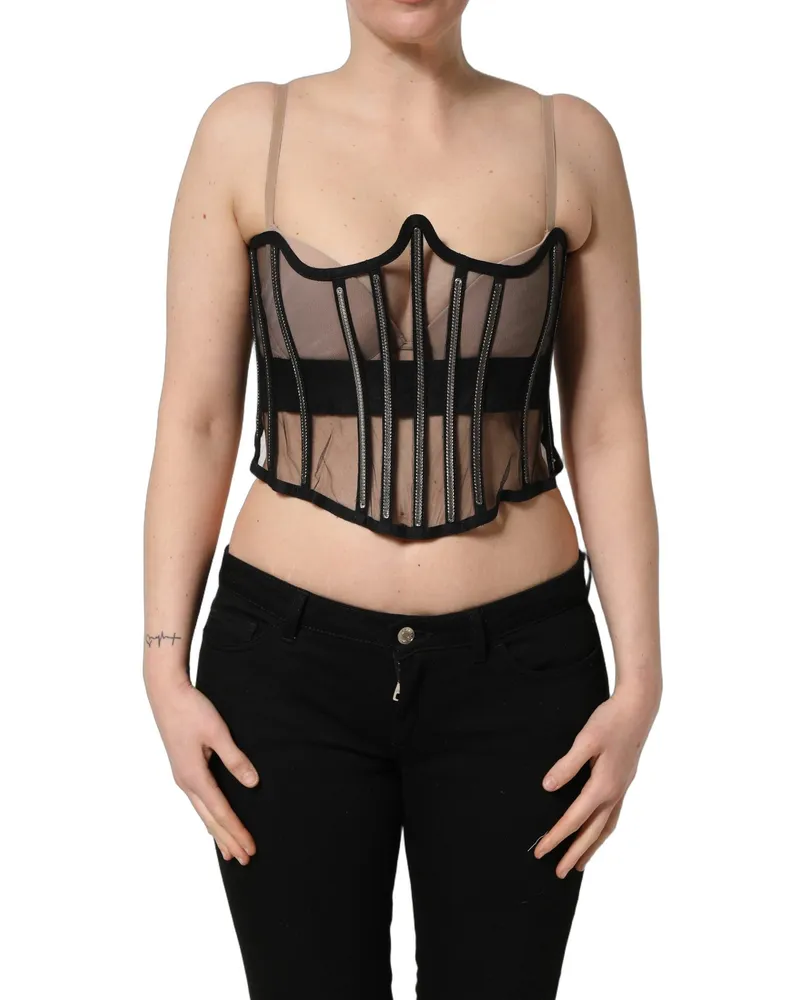 Dolce & Gabbana Women Black Sheer Tulle Bodysuit Cropped Corset Top Elastane Nylon Polyester Black