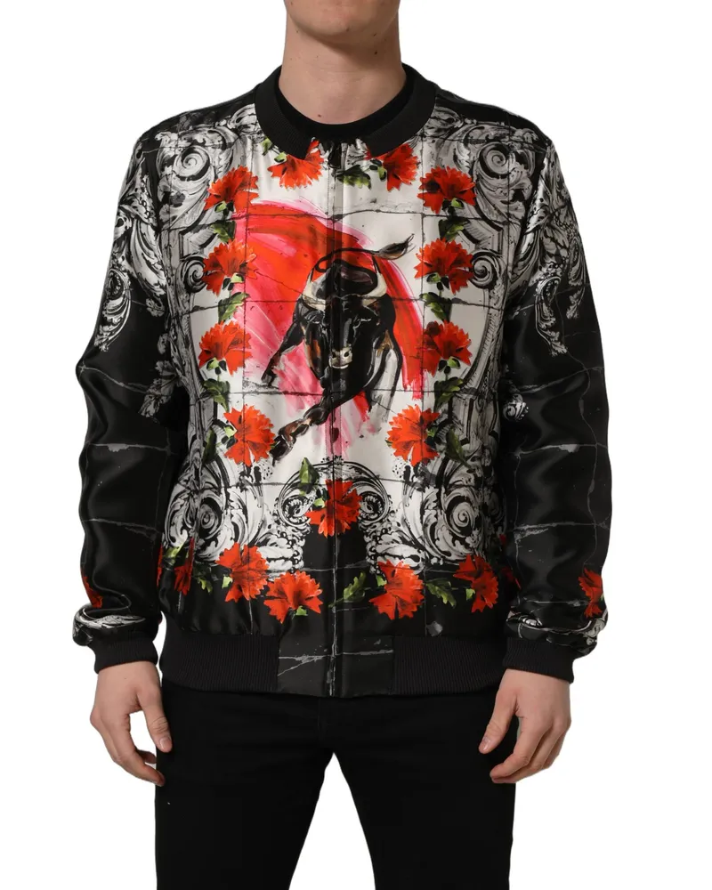 Dolce & Gabbana Men's Multicolor Majolica Bull Print Bomber Jacket Silk Clothing Multicolor