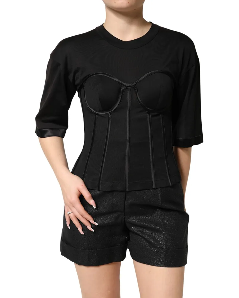 Dolce & Gabbana Women's Black Cotton Bustier Corset Short Sleeves T-Shirt Co+se Black