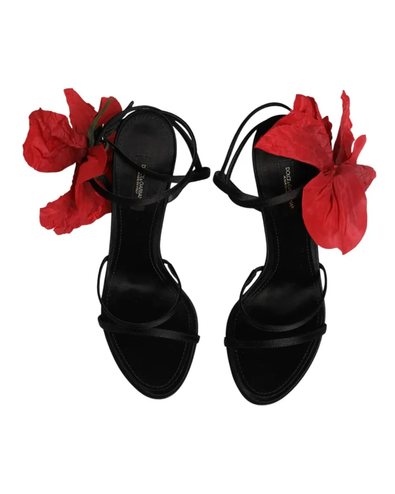 Dolce & Gabbana Women's Black Leather Strappy Flower Heels Sandals Shoes Se+vi+goat Black