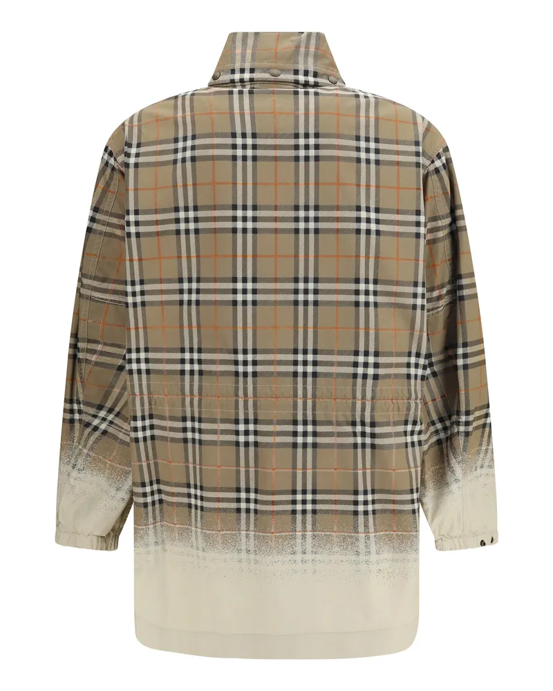Burberry Men's Gabardine Parka With Faded Check Print Taupe Cotton Jacket Taupe