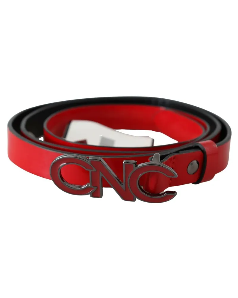 CoSTUME NATIONAL Women's Red Black Reversible Leather Logo Buckle Belt Red