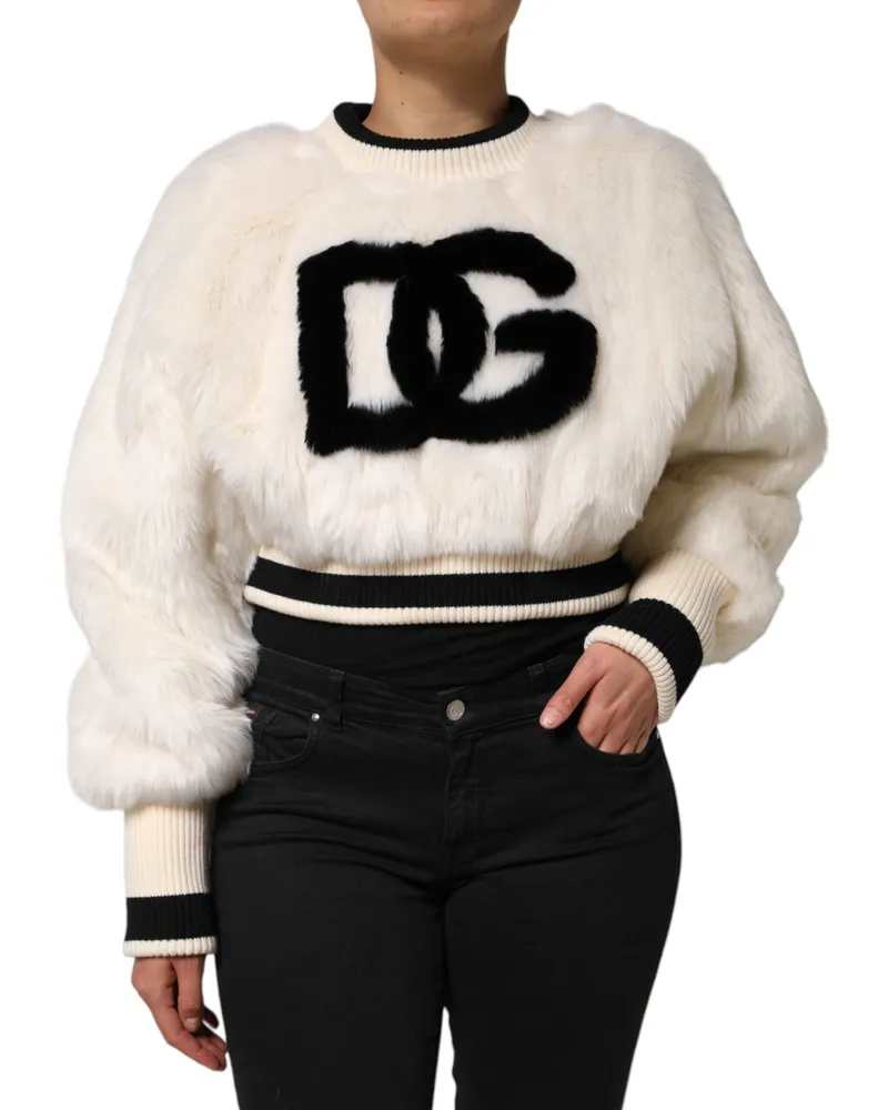 Dolce & Gabbana Women's White Cropped Faux Fur Dg Sweatshirt Sweater Black And Acrylic Polyester Clothing White