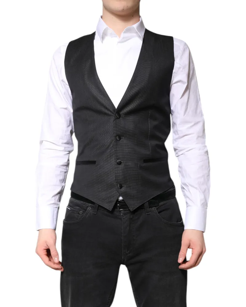Dolce & Gabbana Men Black Wool Waistcoat Dress Formal Vest Virgin Silk Polyester Black