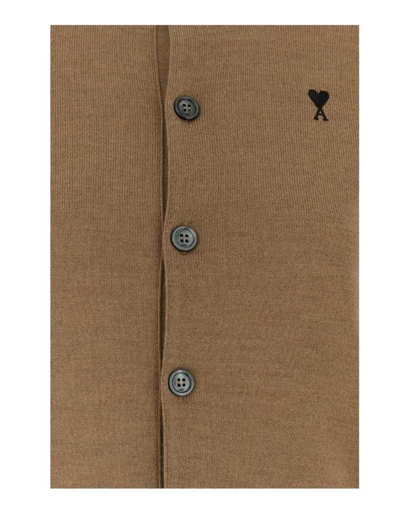 AMI Paris Short-Sleeve Merino Wool Cardigan — Camel Camel