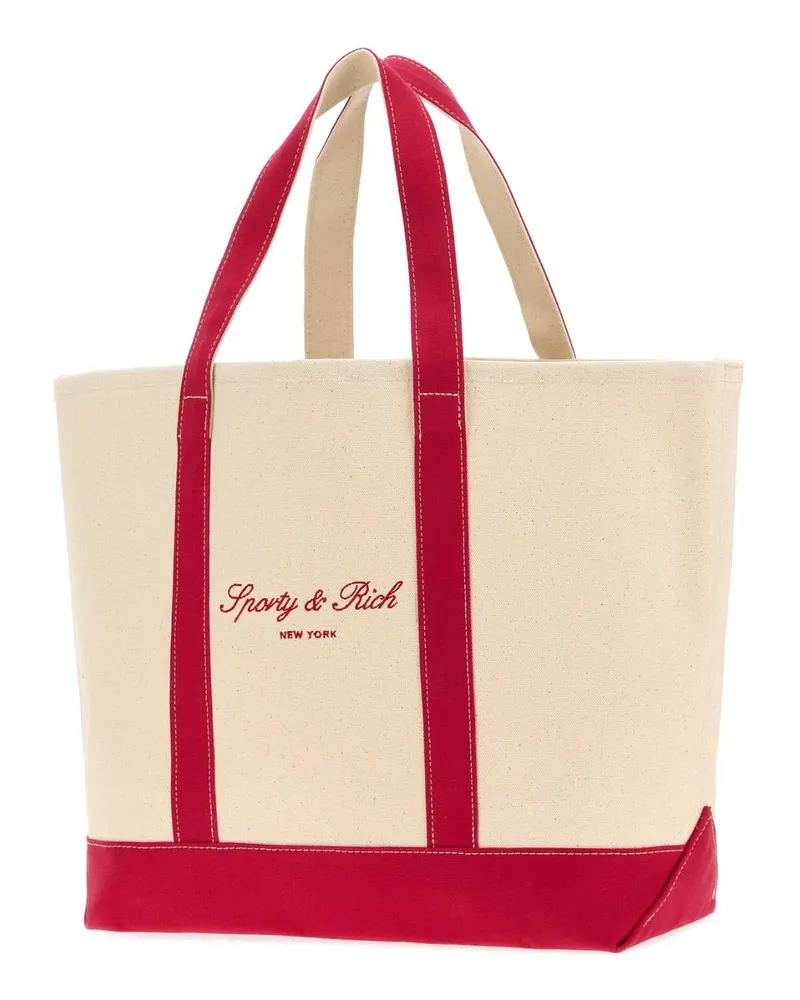 SPORTY & RICH Men's Melange Sand Canvas Shopping Bag Naturalrubyruby Exterior: Cotton Borse A Mano Beige