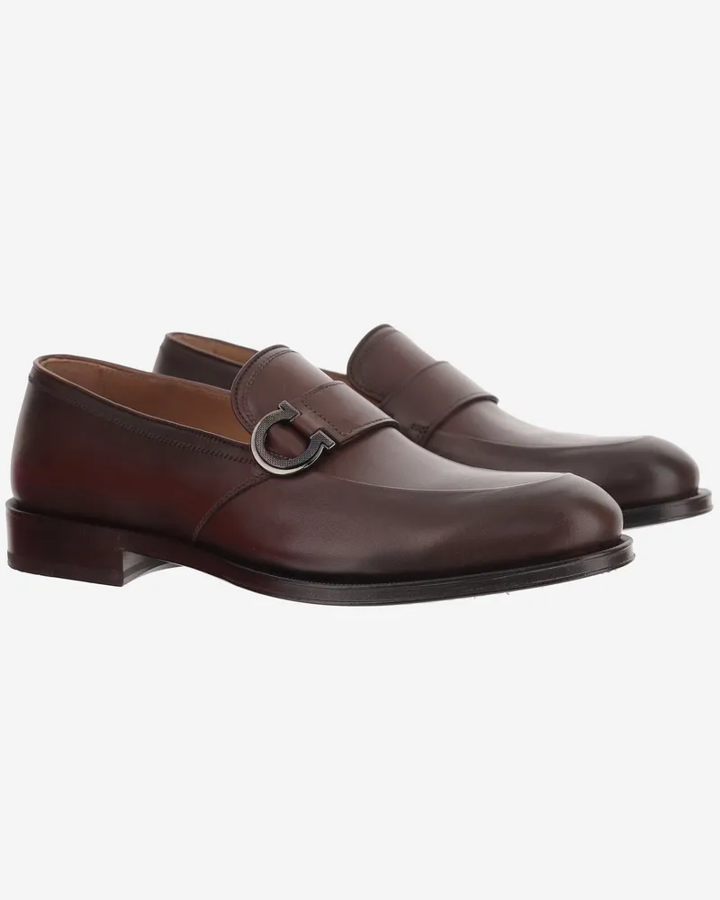 Ferragamo Men's Leather Gancini Loafers Brown Calf Brown