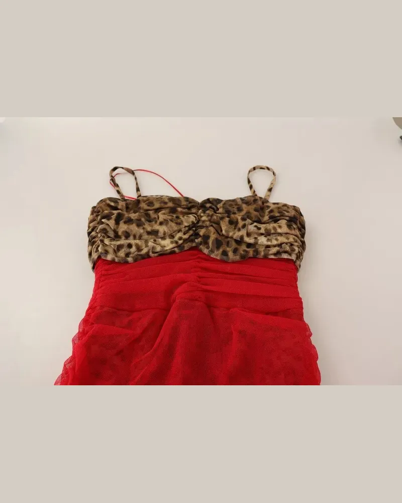 Dolce & Gabbana Women Brown Leopard Red Tulle Sheath Midi Dress Cotton Nylon Elastane Silk Red