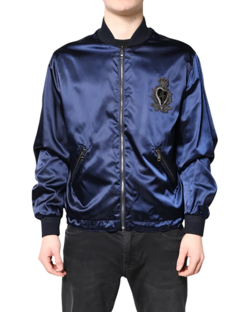Dolce & Gabbana Men's Blue Nylon Dg Crown Full Zip Bomber Jacket Clothing Blue