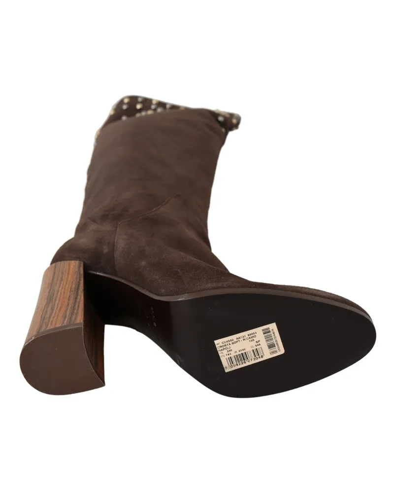 Dolce & Gabbana Women's Brown Suede Studded Knee High Shoes Boots Brown