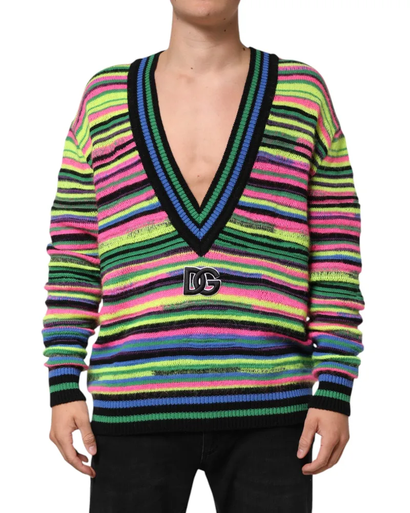 Dolce & Gabbana Men's Multicolor Dg Logo V-Neck Knit Pullover Sweater Clothing Multicolor