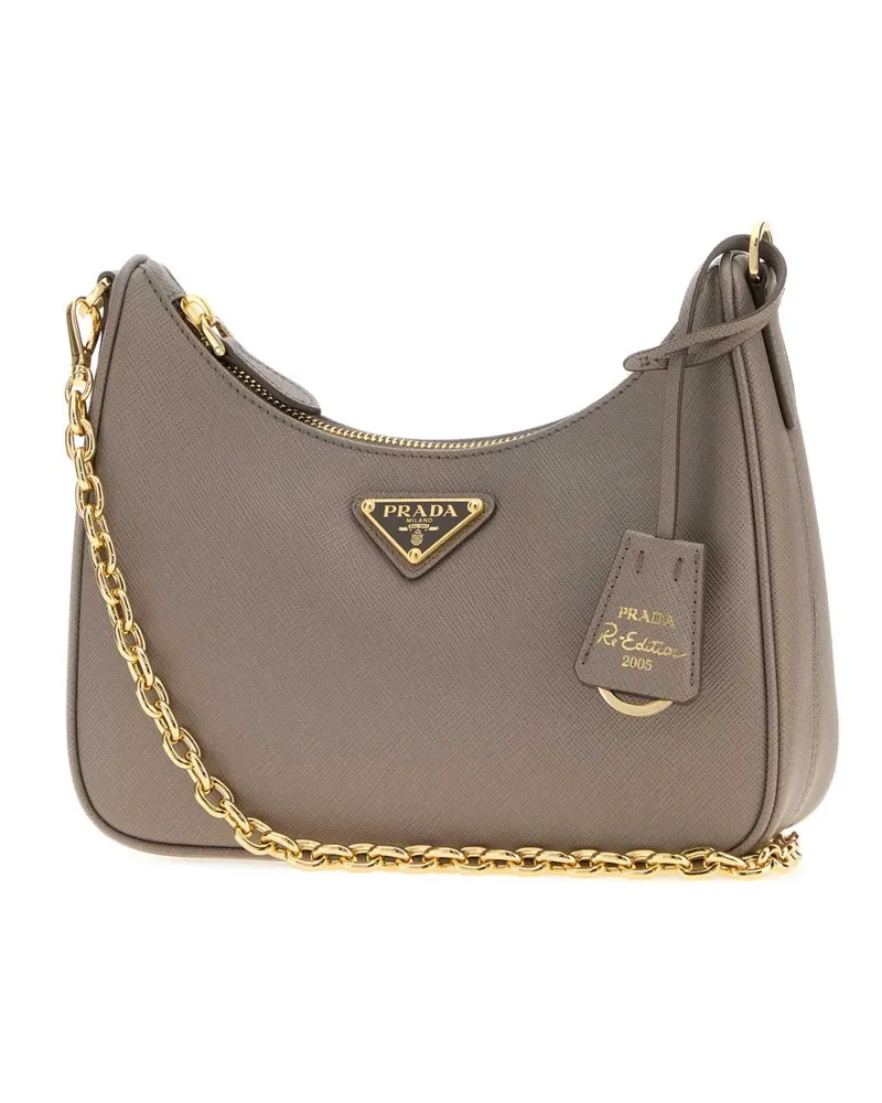 Prada Women's Dark Grey Leather Re-Edition 2005 Shoulder Bag Argilla 1 + Oro Borse A Tracolla Gray