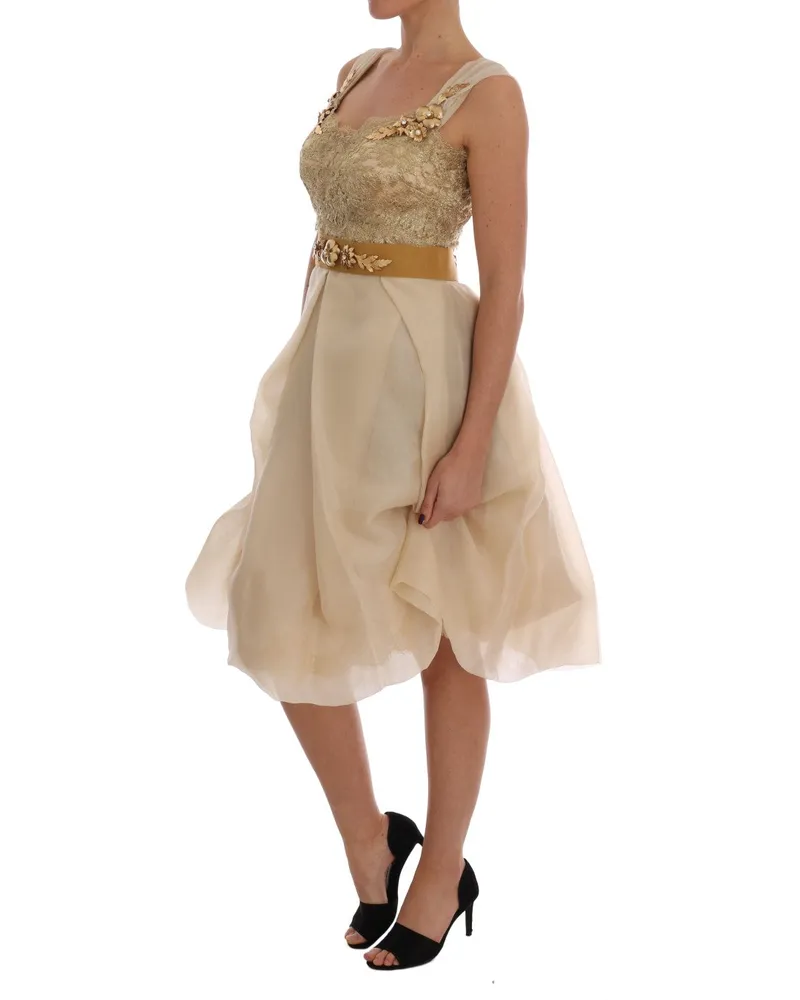 Dolce & Gabbana Women's Gold Silk Crystal Embellished Dress Beige