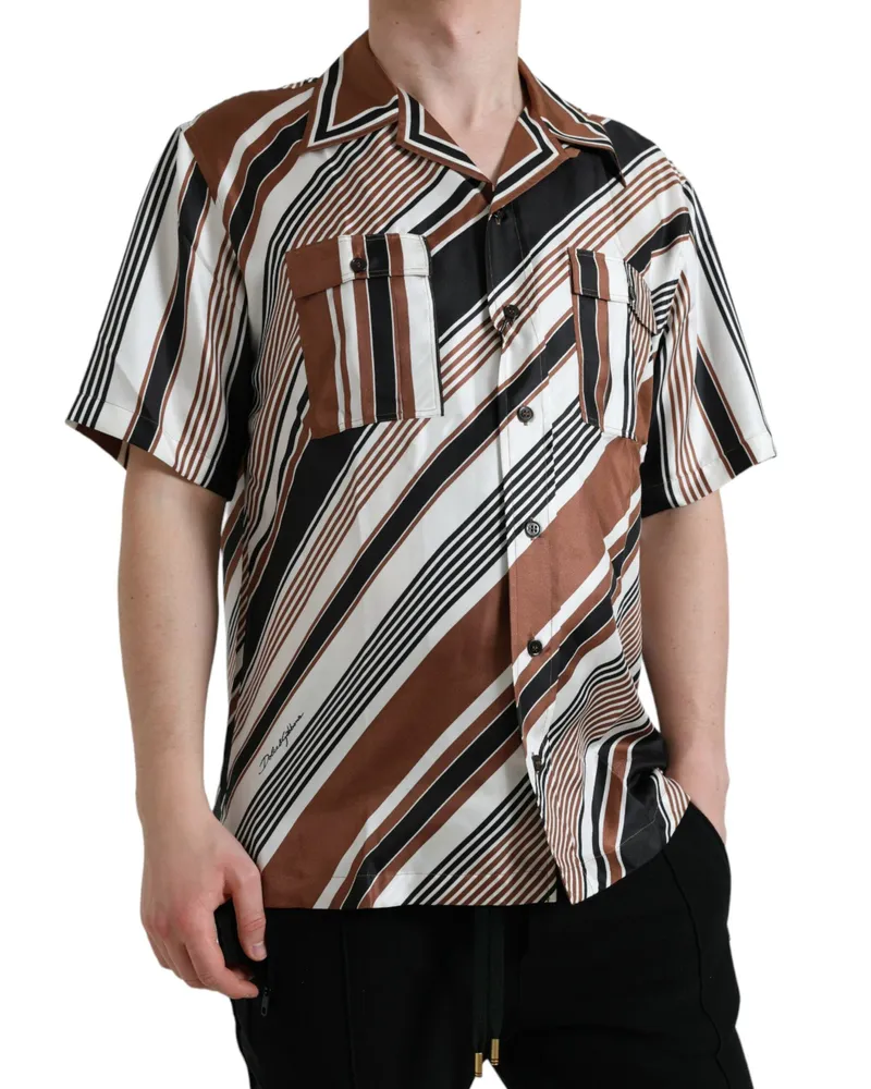 Dolce & Gabbana Men's Brown White Silk Striped Short Sleeve Shirt Brown