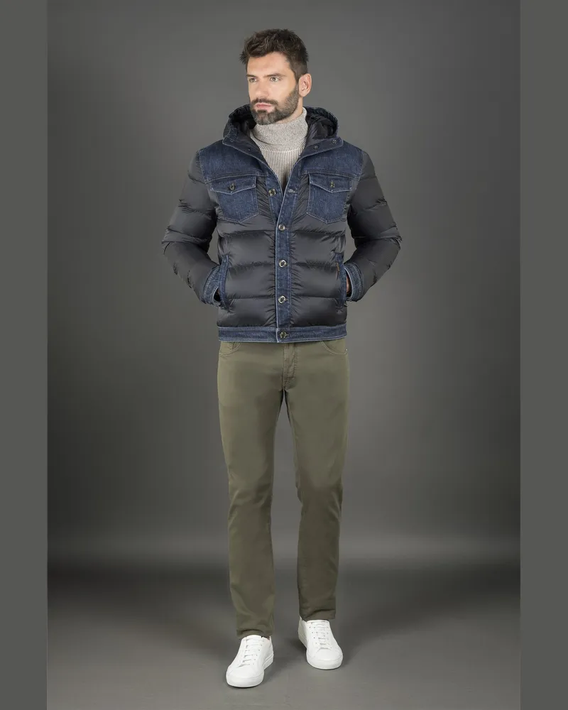 MOORER Mens Blue Quilted Jacket With Denim Accents Clothing Blue