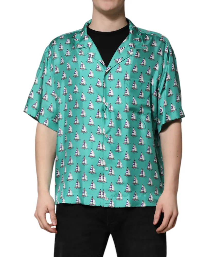 Dolce & Gabbana Men's Green Printed Short Sleeves Casual Shirt Silk Green