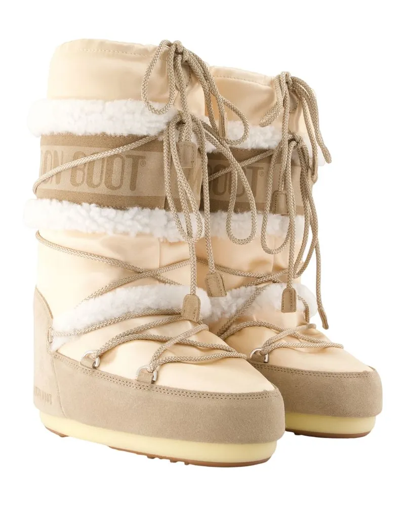 Moon Boot Women's Icon Pearly Plus Boots - Moon Leather Beige Cowhide Shoes Beige