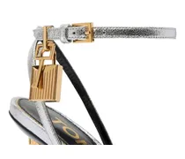 Metallic Leather Padlock Heel Sandal — silver