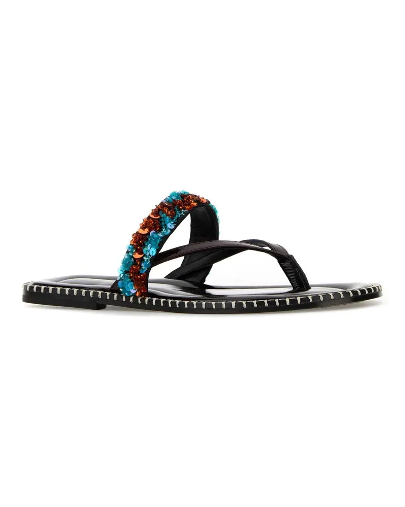 Dries van Noten Women's Chocolate Leather Thong Slippers Turquoise Flat Shoes Black