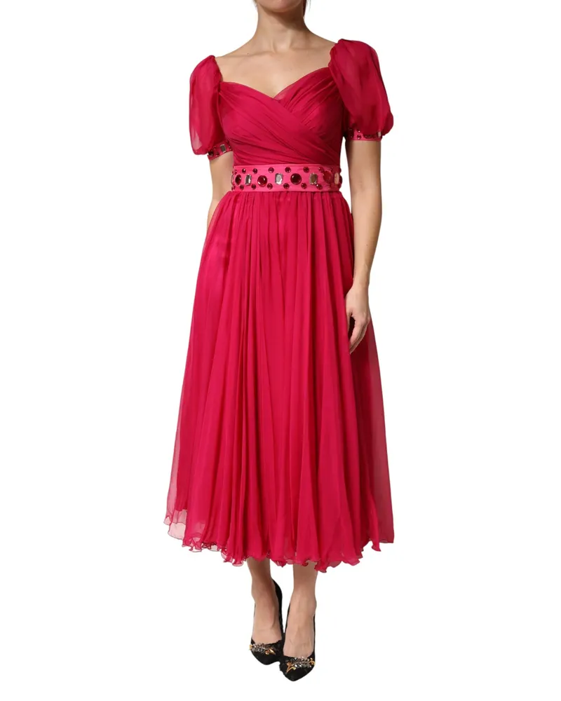 Dolce & Gabbana Women Pink Silk Embellished A-Line Midi Dress Red